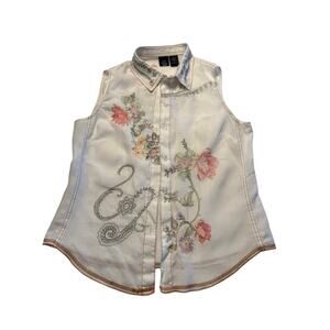 Saint‎ Tropez West Women's LINEN Sleeveless Top/Heavily Embroidered Floral Sz M